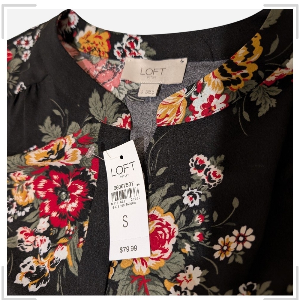 LOFT Black Floral Long Sleeve Casual Dress - Picture 3 of 7